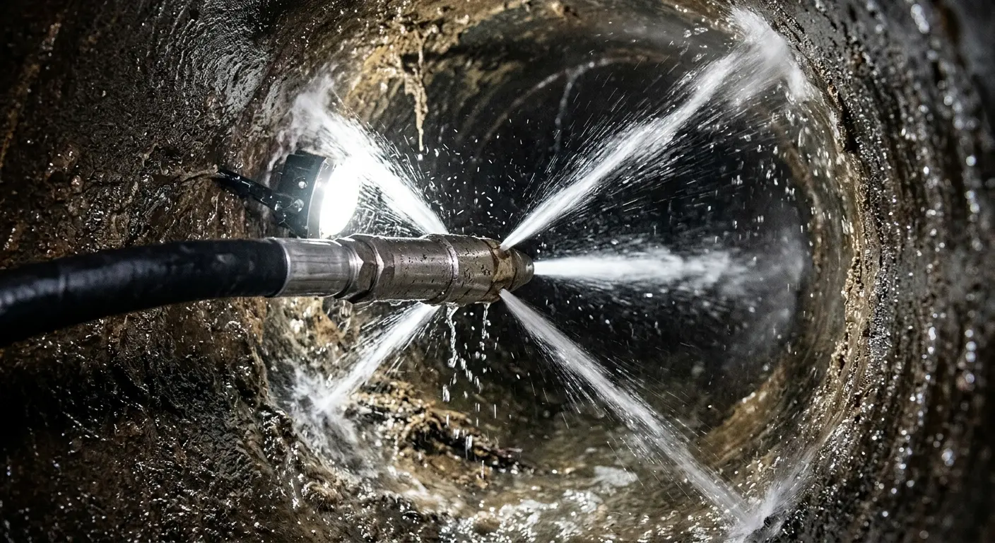 High-pressure hydro jetting nozzle cleaning sewer pipe for Emergency Drain Service in Braselton