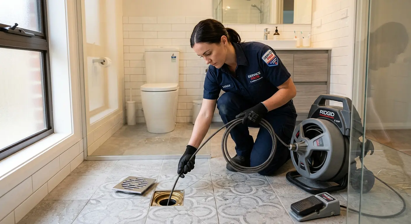 Technician clearing a bathroom floor drain for Drain Repair in Braselton